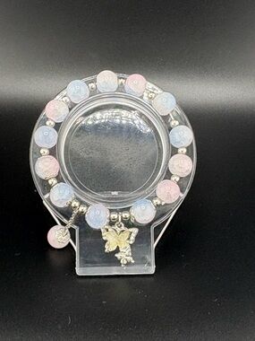 Pastel Pink & Blue Beaded Butterfly Charm Bracelet